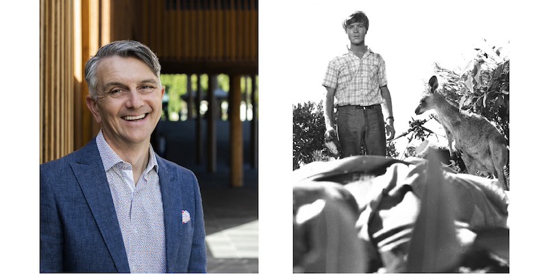 A photograph of Peter Hobbins beside a film still from Skippy, the bush kangaroo.