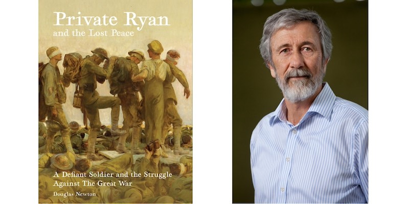 A photograph of Douglas Newton beside his book titled 'Private Ryan and the Lost Peace'