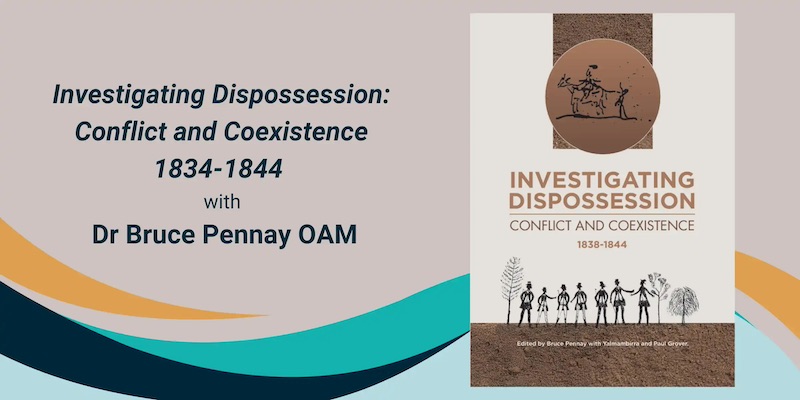 A banner with the book cover of 'Investigating Dispossession'. The cover features a sketch of several men in top hats and nineteenth-century attire