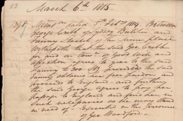 A section of the Old Register featuring a handwritten agreement between George Cribb and Fanny Stretch