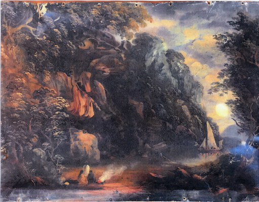 A painting depicting a small sailing boat approaching a camp of Aboriginal people.