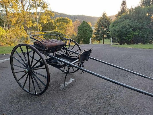 Photograph of a sulky, a two-wheeled cart used for horse racing.