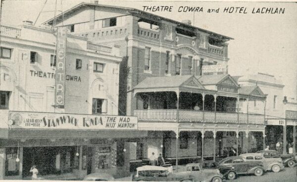 A postcard showing the Theatre Cowra and Hotel Lachlan