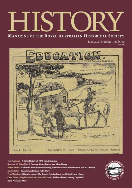 The History Magazine June 2026 no. 168 cover, which features an illustration titled 'Education'. The cover depicts children and a man on horseback attending an outback schoolhouse.
