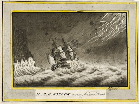 Drawing of a tall ship being battered by waves during a violent storm. The ship is close to the Tasman Heads.