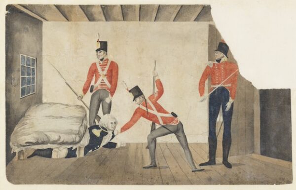 A watercolour painting depicting three redcoats pulling Governor Bligh from a hiding place underneath his bed.