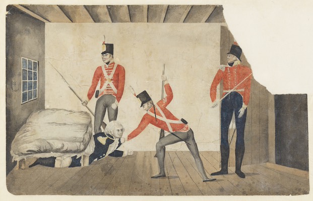 A watercolour painting depicting three redcoats pulling Governor Bligh from a hiding place underneath his bed.