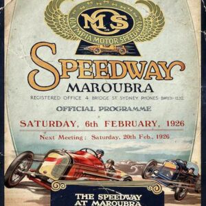 A programme for an Olympia Motor Speedway event on 6 February 1926. The programme features a red and blue automobile racing at high speeds.