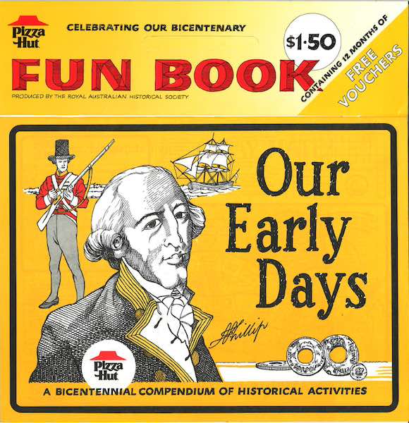 A yellow children's activity book featuring portraits of Arthur Phillip and a colonial soldier.